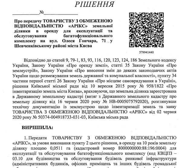 Передача ТОВ ’’АРІКС’’ земельної ділянки на вул. Олеся Гончара, 71 у Шевченківському районі міста Києва